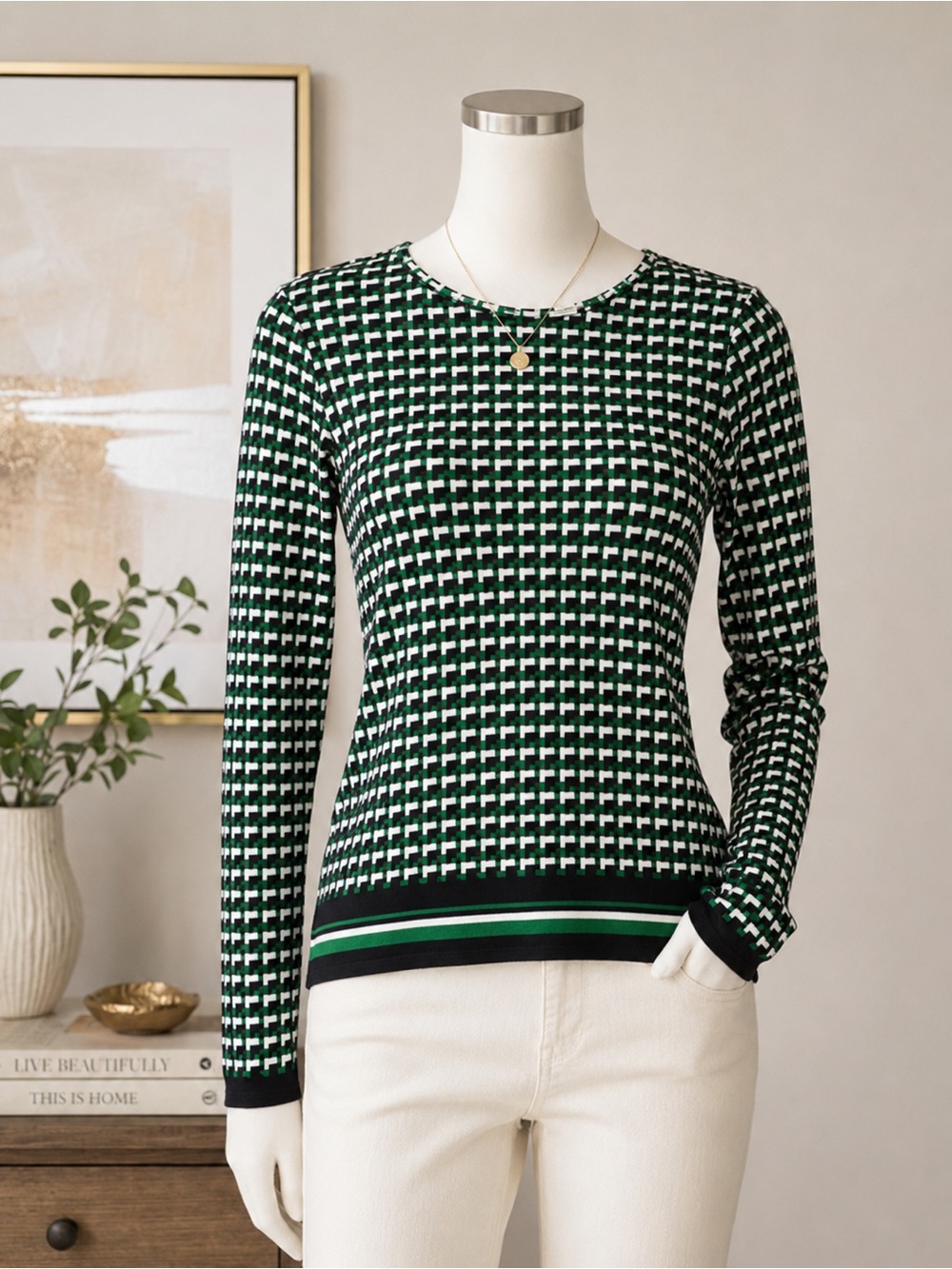 Michael Kors Geometric Print Long Sleeve Top Size Small Green Black White